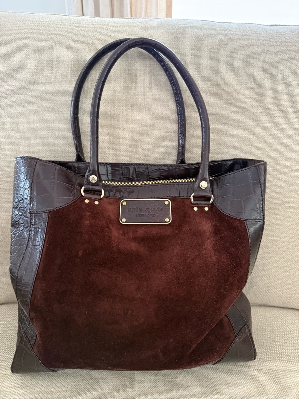 kate spade Brown Suede & Croc-Embossed Tote with Gold Hardware